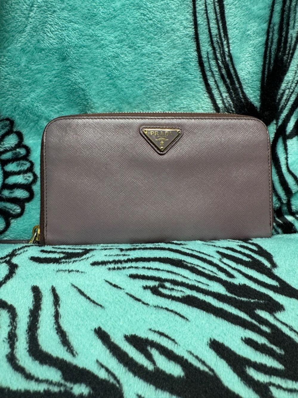 Prada Saffiano Zip Wallet in Light Lilac with Gold Logo
